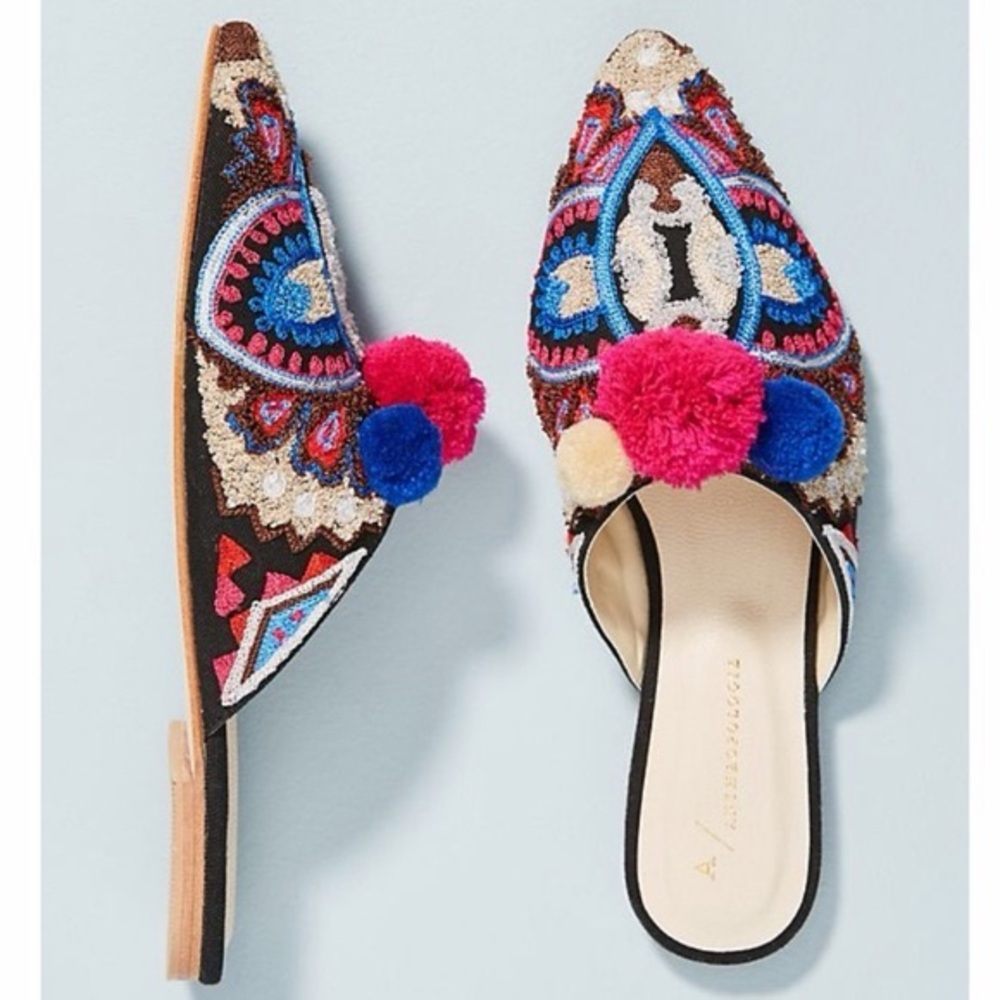 Anthropologie Embroidered Pom Pom Slip-On Mules